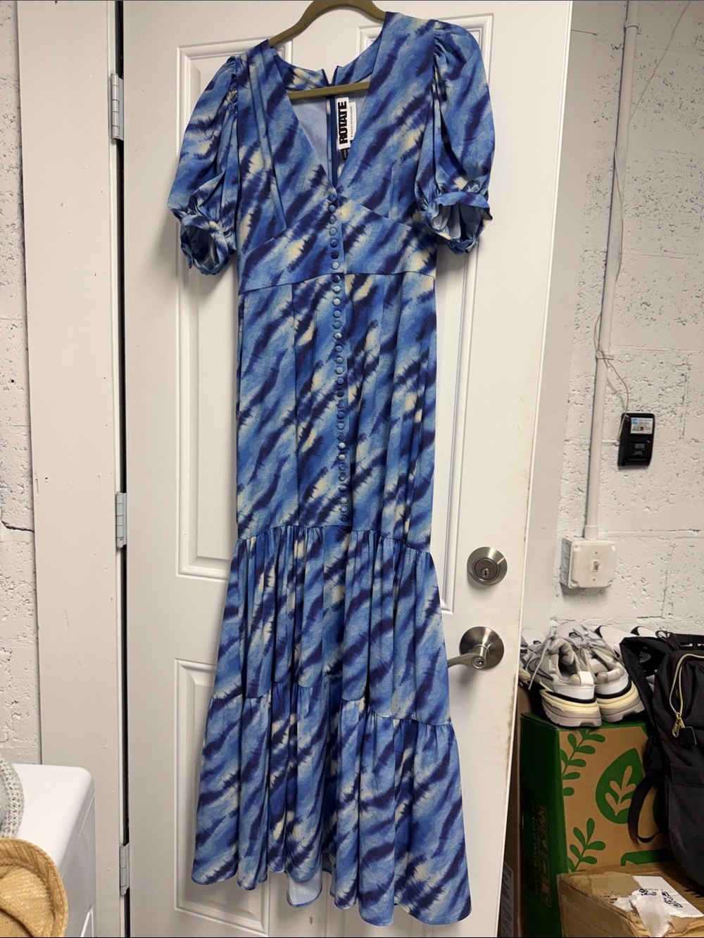 Blue Tie-Dye Midi Dress with Button Front - Size Medium NWT